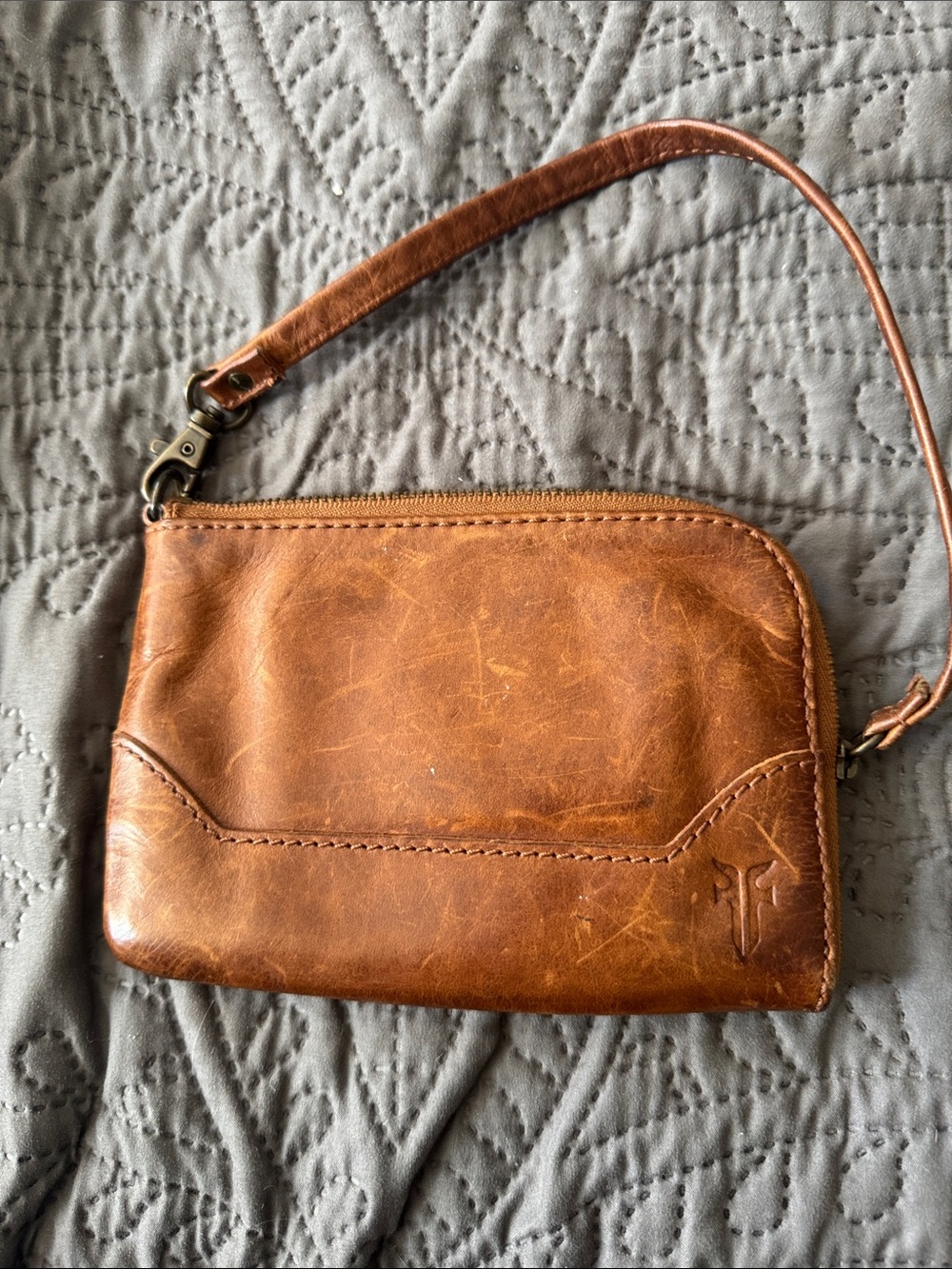 Frye cognac leather wristlet clutch with strap
